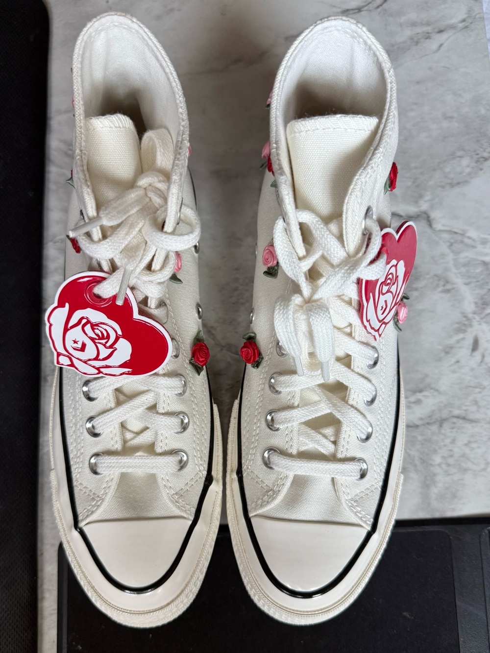 Converse White High-Top Lace-Up Boots with Pink & Red Rose Accents